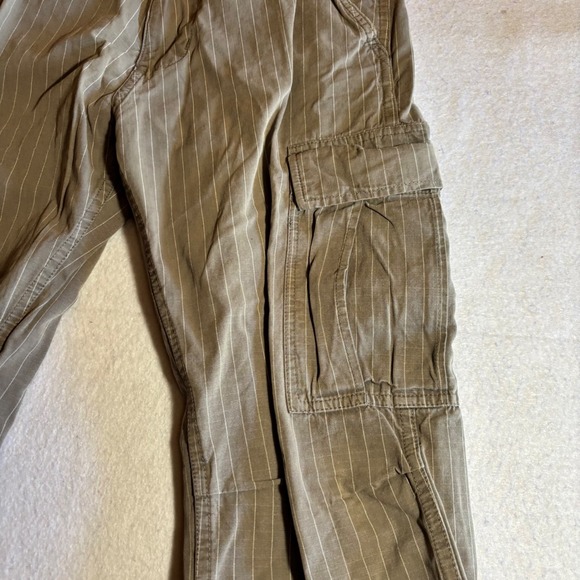 Vintage Stussy Mens Cargo Pants Tan Pinstripe Drawstring Bottom Size‎ 30 Cotton - Picture 2 of 12